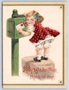 VALENTINE CARD 1920-30's ERA GIRL AT MAILBOX I LOVE THEE THINK OF ME GERMANY - Picture 1 of 4