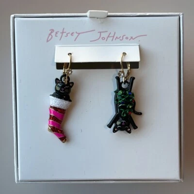 Betsey Johnson Jingle Bell Bling Pendientes Medias Gato Navidad Luces Vacaciones Foto 1 de 4