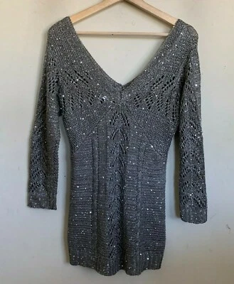 Suéter túnica gris tejido abierto cuello en V lentejuelas manga 3/4 talla XL Studio Y para mujer Foto 1 de 4