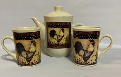 BI Inc Rooster Country Morning Tea Pot 24 oz. Kettle And 2 Mugs - Image 1 of 3