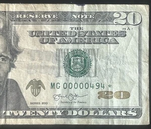 (LOW THREE DIGIT STAR NOTE!) $20 Rare Low Fancy Serial Number Star MG00000494* - Picture 1 of 5