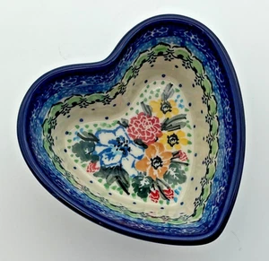 Vintage Unikat polnische Keramik handbemalt herzförmige Schale floral - Bild 1 von 4