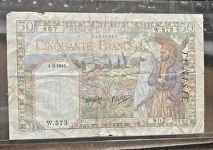 1939 Tunisia 50 Francs Banknote 1-2-1941. W.573 807 Banque de L'Algeria circ - Picture 1 of 10