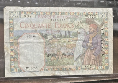1939 Tunisia  50 Francs Banknote 1-2-1941. W.573  807   Banque de L'Algeria circ - Image 1 of 4