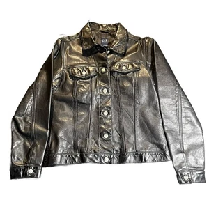 VTG Black Gap Trucker Leather Women’s Jacket Sz M Button Up Biker Moto Y2K EUC - Picture 1 of 10