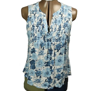 Lucky Brand Floral Smocked Front Tank Top Cotton-Modal Sleeveless Shirt Blue M - Picture 1 of 16