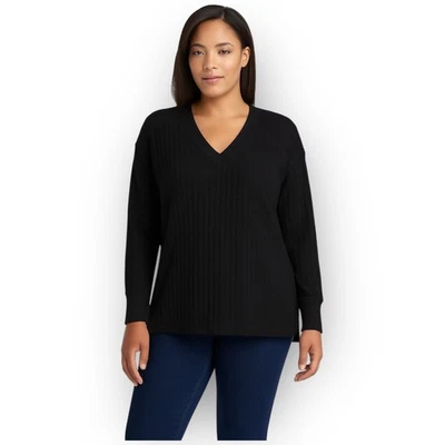 Blusa manga longa Andrew Marc com nervuras gola V nova com etiquetas – Preta – Tamanho grande - Imagem 1 de 4