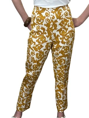 Sz S Vtg 60s Cigarette Pants Gold Paisley Linen Off White 25 Inch Waist Mod GoGo - Image 1 of 4