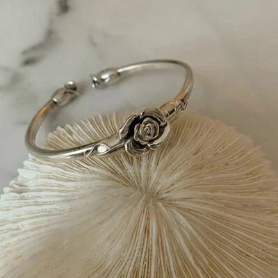 Vintage Flower Women Jewelry Bracelet Retro Rose 925 Sterling Silver Cuff Bangle - Image 1 of 4