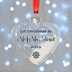 Personalised 1st Christmas As Mr & Mrs Heart Glass Bauble Xmas Tree Ornament - Picture 1 of 3