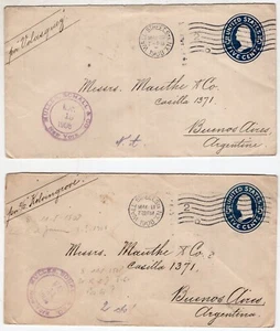 USA, 1908, 2 POSTAL STATIONERIES TO ARGENTINA, WALL STREET (NEW YORK) CANCEL - Picture 1 of 2