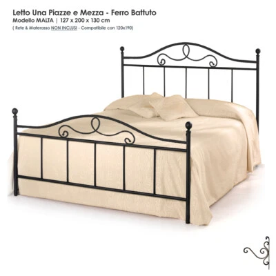 Letto in Ferro Battuto per Letto una Piazza e Mezza 120 x 190 Nero Bianco Avorio - Immagine 1 di 3