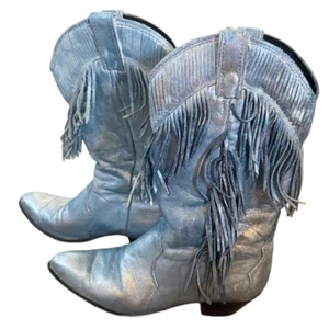 Laredo custom blue metallic silver leather Heeled cowboy Boots with Fringe 8.5 - Picture 1 of 5