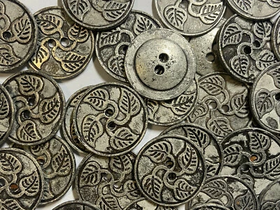 RARE! Vintage Cast Metal Button w/Leaf Pattern Dk Antique Silver 15mm 2hole - Image 1 of 2