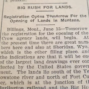 1906 Billings Montana Crow Agenzia indiana "Big Rush For Lands" ritaglio giornale - Foto 1 di 2