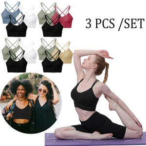 3 Pcs Womens Cross Back Sport Yoga Bras Padded Strappy Criss Cross Cropped Tops - Picture 1 of 24