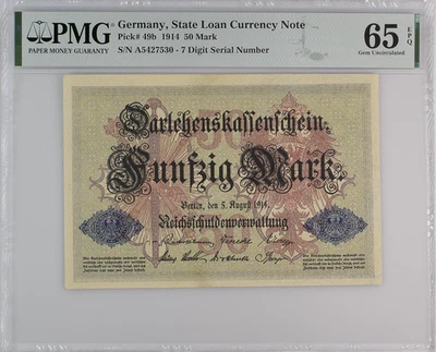 Germany State Loan Currency Note 50 Mark Banknote #49b 1914 7 DigitSerial 65 EPQ - Image 1 of 3