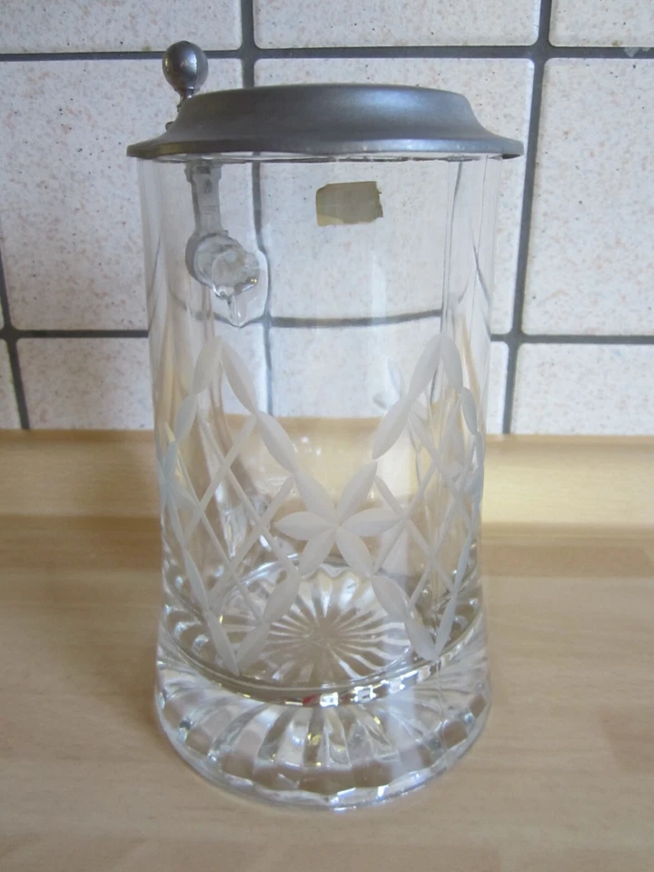 Bierglas mit Zinndeckel JOSKA mit echt Glasschliff Bleikristall Rauten Blumen - Bild 1 von 1