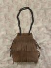 Suede Shoulder Bag Taupe With Fringe Heavy Chain Handles Medium