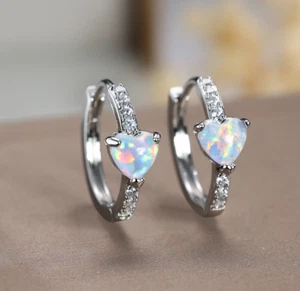 Women Girl 925 Silver Tone Heart Opal CZ Hoop Huggie Earrings 15mm Gift F31 - Picture 1 of 7