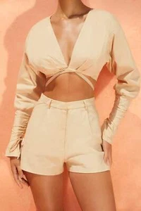 Oh Polly Top Womens Beige Crop Shirt Cotton Long Sleeve Plunge Neck (TOP ONLY) - Picture 1 of 13