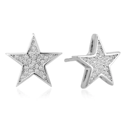 18K White Gold Men's Hip Hop Big Star Micro pave CZ Stud Earrings Gift Box 13mm - Image 1 of 4