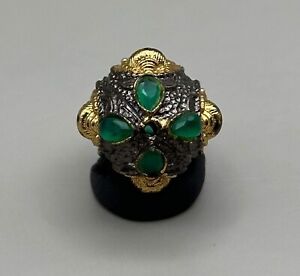 Emerald stone ancient near eastern solid silver 18K gold golding unique bead