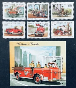 BENIN FIRE FIGHTING APPARATUS STAMPS SET & SS 1997 MNH JEEP CHEVROLET FIRE TRUCK - Picture 1 of 3