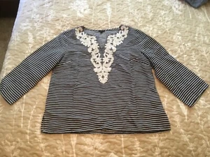 Talbots Women's MP Navy White Stripe 3/4 Sleeve Top Bead Embroidered Dashiki - Picture 1 of 8