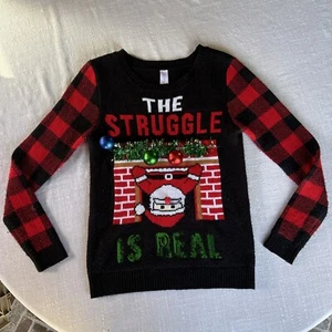 Santa Struggle is Real Ugly Christmas Sweater Fireplace Plaid M (7-9) - Picture 1 of 7
