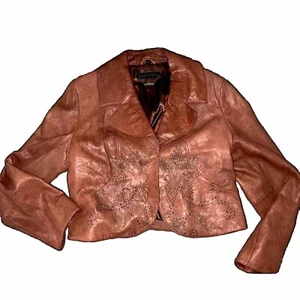 Pamela McCoy Vintage Embroidered Brown Laser Cut Leather Jacket Large - Picture 1 of 7