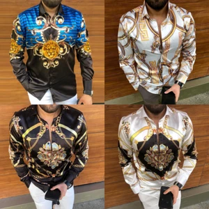Down Collar Shirt Men Print Vintage Lion Print Long Sleeve Slim Shirts Mens - Picture 1 of 13