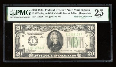 DBR 1934 $20 FRN DGS Mule Minneapolis Fr. 2054-Idgsm PMG 25 Serial I10956137A - Image 1 of 2