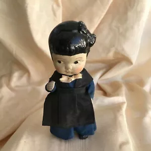 Antique Doll Blue Dress Black Apron Painted Hair & Shoes 5.5" Tall Bisque - Picture 1 of 9