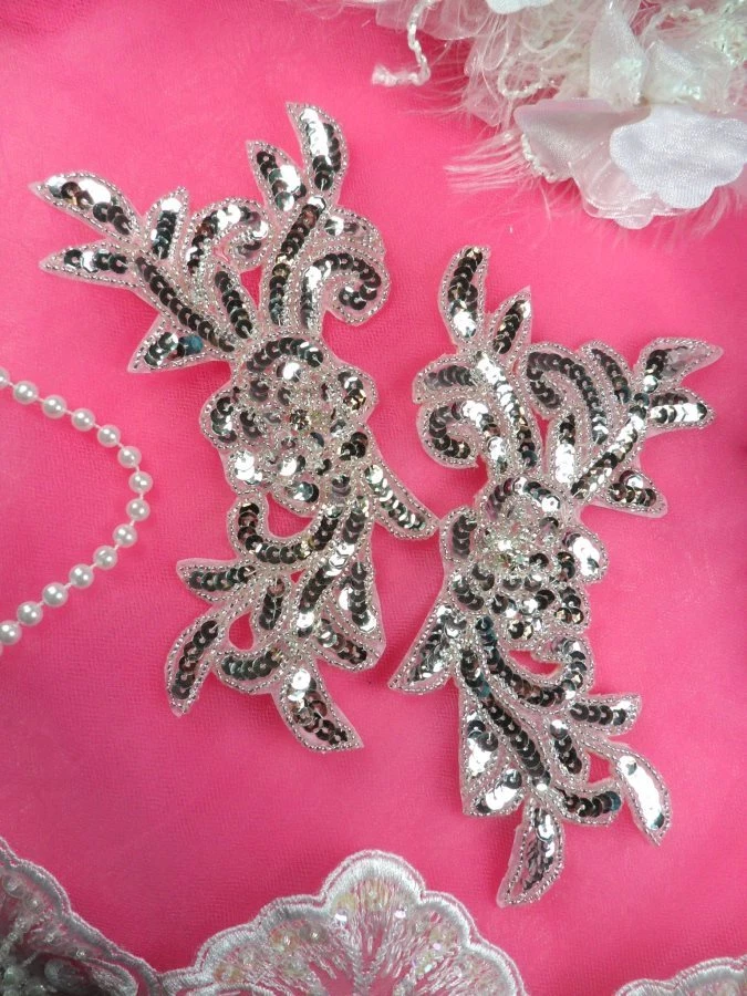  Parche de baile con cuentas florales JB259 apliques de lentejuelas plateado 7" Foto 1 de 1