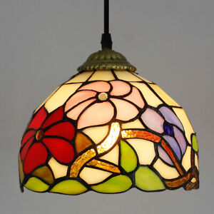 8" Hanging Lamp Tiffany Stained Glass Shade Rose Flower Vintage Fixture light
