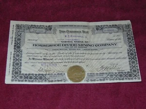 APRIL 28, 1919 "HORSESHOE DIVIDE MINING COMPANY" STOCK CERTIFICATE; TONOPAH, NV. - Picture 1 of 3