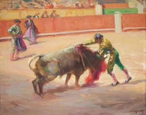 VICTOR MOYA Y CALVO Signed 1937 Original Oil Painting - "Bullfight" - Picture 1 of 3