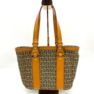 FENDI Zucchino Canvas Leather Tote Shoulder Bag Brown Vintage Italy 8097 - Picture 1 of 10