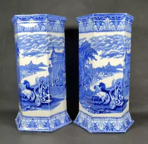 Royal Cauldon Hexagonal Blue And White Vase Pair ~ Height 26cm - Picture 1 of 12