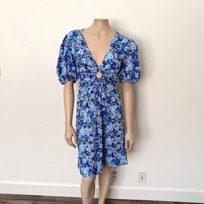 ASOS размер 12 синий цветочный печать Puff рукав v-образным вырезом уплотнительное кольцо Fit & Flare мини-платье - Изображение 1 из 4