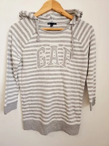 GAP Women’s Hoodie Small Gray White Striped 3/4 Sleeve Pullover - Picture 1 of 7