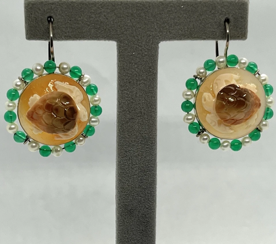 Orecchini in Argento 925 con Cammei Corniola Tartarughe, Perle e Avventurina - Immagine 1 di 4