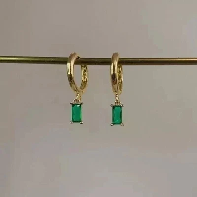 Natural Green Emerald 2.20Ct Emerald Cut Drop Earrings 14k Yellow Gold Plated - Image 1 of 4