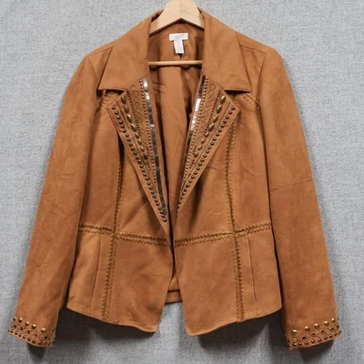 Chico’s Blazer Jacket Women Size 1 Small Brown Faux Suede Studded Western Boho - Image 1 of 4