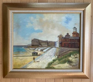 dipinto olio vintage di località costiera in lungomare ben incorniciato - Foto 1 di 11
