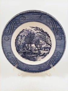 7 Currier & Ives Blue by Royal Dinner Plates The Old Grist Mill Snow Horse House - Picture 1 of 3