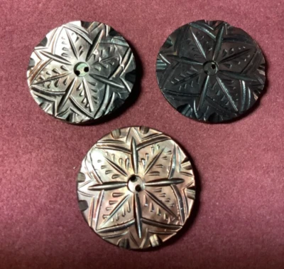 Vintage 3 MOP Abalone Shell Highly Engraved Bronze 2hole Buttons 1 Inch diameter - Image 1 of 4