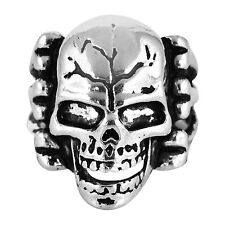 Halloween Silver Tone Crack Skull Head Bikers Ring
