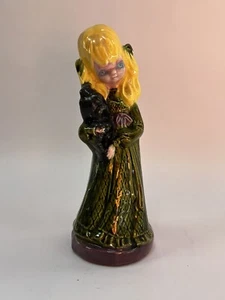 Vintage 1970's Ceramic Girl Dog Figurine Goblincore Green Dress Kitsch Creepy - Picture 1 of 8